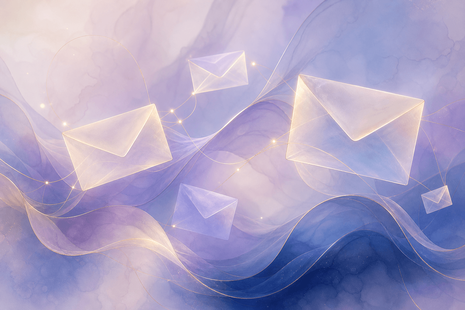 Soft abstract flowing envelopes connected by golden nurture paths